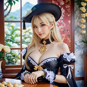 A siomai advertisement with a full table of siamai. A medium shot of a 17-years-old breathtakingly gorgeous russian girl with perfect model body, porcelain skin tone, busty breast, translucent skin texture, and blonde long hair cascading down to her chest. An ethereal beautiful face, with bright and expressive eyes, intricate facial features, v-shaped jawline, emanating youthfulness and innocence. Cosplay an Genshin character, adorned with necklance and bracelet, wearing a dark fancy hat decorated with flowers, an attire of detached sleeves, showgirl skirt, waist cape, thigh boots. A hyperrealistic award-winning photography with high view angle. high definition, fujifilm velvia, raw photo, Japanese Girl - SDXL, viewed from side, perfect hand, beautiful hand, perfect finger, smiles calmly, navia \(genshin impact\), photo_b00ster.