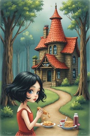 Crayon sketch inspired by "SNOW WHITE". A fantasy house in the forrest. A little girl is eating breakfirst in front of the house. The girl has flawless porcelain skin, black hair, and red lips.