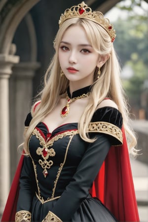 ereshkigal \(fate\), 1girl/(long hair, blonde hair, two side up, red eyes,
earrings, jewelry, tiara, hair ribbon, black dress, short dress, detached sleeves, red cape, black thighhighs, gold trim, footwear), An ethereal sweet 14-years-old girl. An ethereal breathtakingly beautiful face/(youthful, intricate facial features). award-winning photography, hyperrealistic, masterpiece, best quality, depth of field, 8k uhd, high resolution, fuji velvia, perfect detail, intricate detail, raw photo, inspired by vogue magazine cover, aesthetic, photo_b00ster
