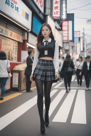 vogue cover, (full body shot) with low view angle, ultra_wide_angle lens, hyperrealistic:1.4, a 15-years-old astonishingly gorgeous girl wearing (lacquer platform high heel):1.25), (ethereal beautiful face):1.4, perfect face, walking in a Akihabara, black business shirt, kilt miniskirt, (black leggings):1.4, attractive body, perfect model body, award-winning photography