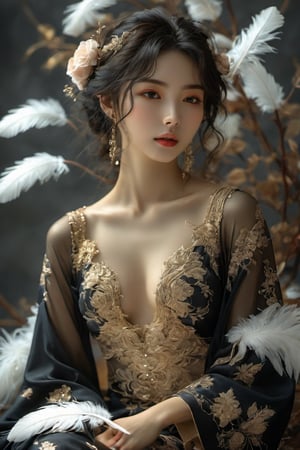 award-winning photography, (full body shot):1.5, beautiful legs, w-sitting, front view, hyperrealistic, personification of black rose, an 17-years-old ethereal gorgeous japanese idol, black kimono furisode, falling feather, flying feather, ethereal glamorous beautiful face, porcelain skin, detailed face, perfect v-shaped face, prominent facial features, sparkling almond eyes, black eye pupils, intricate eye makeup, (smiles captatively):1.45, attractive body, perfect model body, Rembrandt lighting, japanese art, translucent appearance, Gold Edged Black Ros