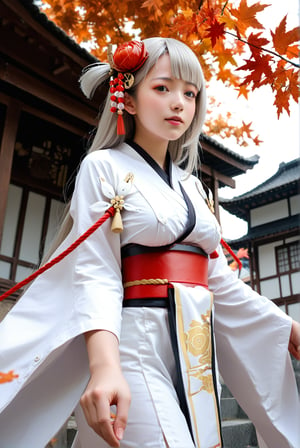 1girl, a glamorous japanese girl shoukaku \(azur lane\), default, femine, score_9, score_8_up, score_7_up, source_photo, source_anime, zettai ryouiki, (photography, realistic, hyperrealistic, ultrarealistic), ulzzang, absurdres, an ethereal and mesmerizing beautiful face, viewed from below, walking in an ancient village, autumn, red maple leaf, viewed from side.