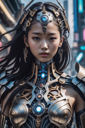epic cyberpunk battle field theme, medium shot with low view angle, ultra-wide-angle-lens, award-winning photography, hyperrealistic, a 15-years-old breathtakingly beautiful korean girl, ethereal glamorous face, external skeleton mechanical armor, heavy armor, champion of the galaxy, energy sword, in a xeno battle field, nulear fusion reactor in the chest, aging treatment on the image, cyborg style