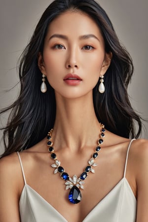 A photography of jewelry advertising photography, in which a japanese girl adorned with a necklace. She is wearing an elegant [train|gown] accentuating her perfect model body and busty breasts. The appearance is based on a 17-years-old ethereal breathtakingly beautiful japanese idol, with an ethereal beautiful face having v-shaped jawline, bright eyes, almond-shaped eyes, porcelain skin tone and translucent skin texture, black long hair cascading down to her chest. Youthful face elevates her beauty to the beyond words level. With the center of the necklace is an egg-size sapphire set off with diamond, the necklace is made of gol designed in rococo style, and it is a gift from an extremely wealthy royal family. hyperrealistic, award-winning photography, medium shot, raw photo, fujifilm velvia, vogue cover. 
