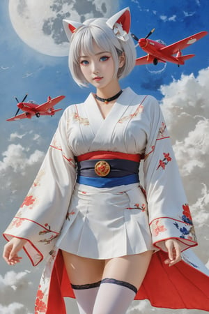 Kaga, short white hair, breast, blue eyes, animal ear, red eyeliner, choker, (([classic white miko kimono|dress skirt])), wide sleeves, cowboy shot, from below. shrine, A 17-years-old ethereal and breathtakingly glamorous japanese idol, mesmerizing beautiful face, perfect busty model body, beautiful long legs, white erotic stockings, epic lunar eclipse view, world war two airplane, mitsubishi zero, fighter masterpiece, best quality, official art, impasto art style, art_booster