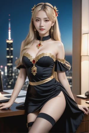 (full body shot:1.33). ereshkigal \(fate\), 1girl, (platform high heel:1.22), long hair, blonde hair, two side up, red eyes, earrings, hair ribbon, (black short dress:1.15), detached sleeves, (black thighhighs:1.15), gold trim, busty, large breast, expose thighs. An ethereal sweet 14-years-old girl. An ethereal breathtakingly beautiful face/(youthful, intricate facial features). Office lady. Sitting on a chair, in front of her desk, in an office with sky scraper view, in the midnight, moon light. award-winning photography, hyperrealistic, masterpiece, best quality, depth of field, 8k uhd, high resolution, fuji velvia, perfect detail, intricate detail, raw photo, inspired by vogue magazine cover, aesthetic, photo_b00ster