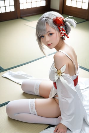 1girl, shoukaku \(azur lane\), default, femine, score_9, score_8_up, score_7_up, source_photo, source_anime, zettai ryouiki, ((photography, realistic, hyperrealistic, ultrarealistic)), ulzzang, absurdres, an ethereal and mesmerizing beautiful face, kneeling on tatami, w-sitting, viewed from above, viewed from side, white stockings, close-up 