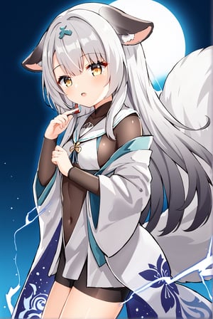 miyuki \(azur lane\), japanese clothes. A powerful sorceress and master of thunder, cast sell, lightening magic, cast spell, electricity flow over the body, viewed from side, rembrandt lighting, art_booster