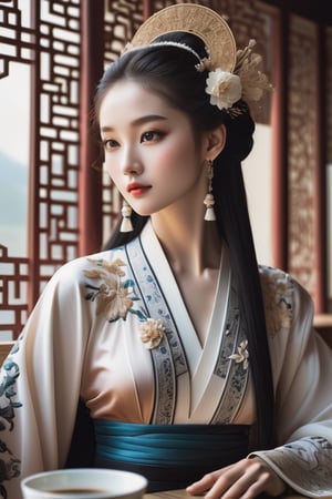 vogue cover, viewed from side, hyperrealistic, (perfect ethereal glamorous v-shaped face):1.4, (detailed symmetric face):1.5, (bright eyes):1.1, a 15-years-old astonishingly gorgeous girl, sitting at a table in a coffee shop, dressed in white classic hanfu, intricated black embroidery in exquisite pattern, smiles captatively, long hair, perfect model body, slender body, (pronounced facial features):1.32, concept art style
