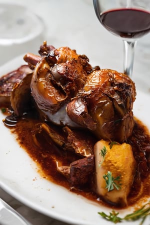 Duck Confit, together with a red wine, a masterpiece from a French chef in Alsace, World of food