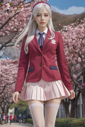 1girl, long hair, white hair, purple eyes, school uniform, red jacket, pantyhose, pleated skirt, hairband, cherry blossom, hyperrealistic, raw photo, vogue magazine cover, award-winning photo, hd 8k, high resolution, photo_b00ster