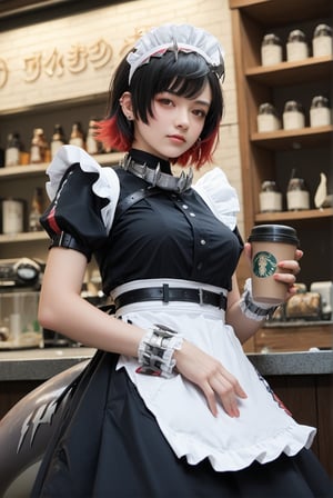 1girl, an anime-like japanese girl, feminine, ELLENJOE, ELLEN JOE, BLACK HAIR,COLORED INNER HAIR, MULTICOLORED HAIR,RED EYES, RED HAIR, SHORT HAIR,TWO-TONE HAIR, APRON, BLACK PANTYHOSE,BLACK SHIRT, BLACK SKIRT, EAR PIERCING,FINS, FISH TAIL, MAID, MAID APRON,MAID HEADDRESS,PUFFY SHORT SLEEVES, PUFFY SLEEVES,SHARK GIRL, SHARK TAIL, WRIST CUFFS, score_9, score_8_up, score_7_up, source_photo, source_anime, photography, realistic, ultrarealistic, hyperrealistic, ulzzang,  absurdres, in a coffee shop, serving coffee, viewed from below, looking at viewer with distain expression