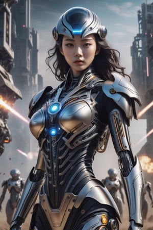 epic alien battle field theme, medium shot with high view angle, ultra-wide-angle-lens, award-winning photography, hyperrealistic, a 15-years-old breathtakingly beautiful korean girl, ethereal glamorous face, mechanical armor suits, champion of the galaxy, nuclear fusion reactor in the chest, aging treatment on the image, laser gun, atomic bomb, drones, cyborg style, cinematic lighting