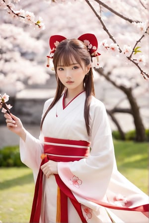award-winning photography, a full-body-shot of ichika, ichika as a miko, ichika has a super model body with miko attire, exquisite miko attire with slit, ichika has expressive and bright eyes, ichika has alluring eye makeup, elaborate ethereally beautiful face of ichika, surrounded by cherry blossom, concept fashion style, slim and long legs, Hasselbald 503CW
