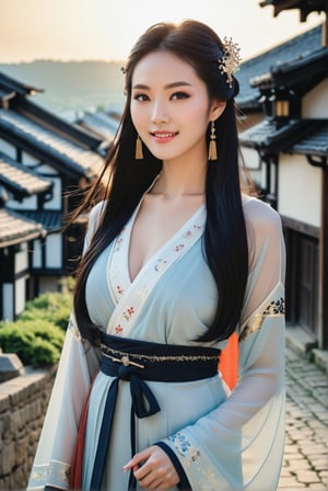Envision a 17-years-old ethereal breathtakingly glamorous japanese idol walking in an ((medieval european town):1.25). An ethereal breathtakingly beautiful face with v-shaped jawline, translucent skin texture, profound facial features, intricate makeup. With busty breast, the perfect model body and beautiful long legs emanating sexual attractiveness. Dressing in exquisite hanfu accentuating her slim body, song style outfit. Black long hair cascading down with hair ornament. award-winning photography, flirty expression, smiling calmly, sunset hue, depth of view, raw photo, hd 8k, sharp focus on face