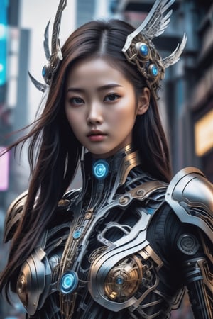 epic cyberpunk battle field theme, medium shot with low view angle, ultra-wide-angle-lens, award-winning photography, hyperrealistic, a 15-years-old breathtakingly beautiful korean girl, ethereal glamorous face, external skeleton mechanical armor, heavy armor, champion of the galaxy, carrying an sword, in a xeno battle field, nulear fusion reactor in the chest, aging treatment on the image, cyborg style