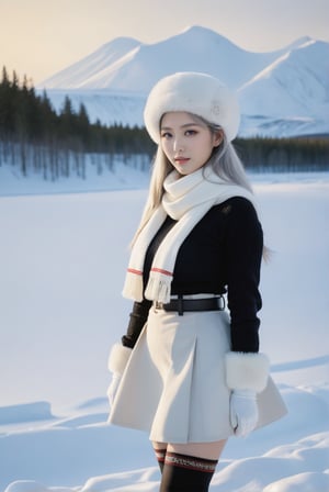 cowboy shot, epwt, (white hair:1.2), ushanka, earmuffs, white scarf, (winter coat:1.18), black ribbed sweater, white high-waist skirt, white gloves, black belt, black pantyhose. An ethereal and breathtakingly glamorous 17-year-old Japanese girl, perfect busty model body and beautiful long legs. In the wildness of siberia, standing next to a reindeer, northern light shining in the sky. photo_b00ster, ((ultra realistic, award-winning photo, raw photo, fuji velvia):1.2), masterpiece, best quality, high resolution, 8k uhd, high fidelity, beauty & aesthetics, 8k uhd, score_9, score_8_up, score_7_up