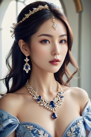 A photography of jewelry advertising photography, in which a japanese girl adorned with a necklace. She is wearing an elegant [train|gown] accentuating her perfect model body and busty breasts. The appearance is based on a 17-years-old ethereal breathtakingly beautiful japanese idol, with an ethereal beautiful face having v-shaped jawline, bright eyes, almond-shaped eyes, porcelain skin tone and translucent skin texture, black long hair cascading down to her chest. Youthful face elevates her beauty to the beyond words level. With the center of the necklace is an egg-size sapphire set off with diamond, the necklace is made of gol designed in rococo style, and it is a gift from an extremely wealthy royal family. hyperrealistic, award-winning photography, medium shot, raw photo, fujifilm velvia, vogue cover. 