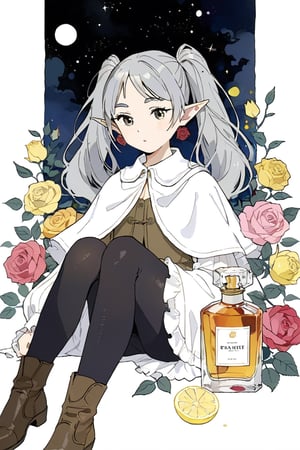 An illustration for a France perfume advertisement, 1girl, frieren, pointy ears, elf, earrings, twintails, parted bangs, grey hair, thick eyebrows, masterpiece, white capelet with long sleeves, black pantyhose and brown boots, best quality, color vivid, alcohol int art, upper body, a decent scent as a mixture of rose, lemon. aesthetic,art_booster,real_booster