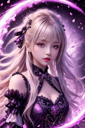 masterpiece, extremely high equality, extremely detailed CG unity 8k wallpaper, fantasy theme, sense of oppression, detailed face, a 17-years-old breathtakingly glamorous girl, female death, soul ripper, blonde hair, gothic lolita attire, ethereal breathtakingly beautiful face, style - whirlpool magic, explosion magic, candy explosion magic, real_booster, LegendDarkFantasy, concept art, color vivid, red moon, Rembrandt lighting