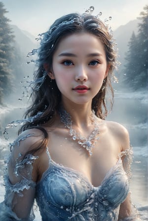 epic falling_snow theme, award-winning portrait, hyperrealistic, urdine, a 21-years-old ethereal breathtakingly beautiful girl, smiling captatively, attire made of ice, translucent appearance, expressive eyes, long hair, pronounced facial features, perfect model body, watce, fairytale-like lake, (surrounded by fog):1.5, Chinese girl, moon light,