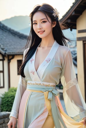 Envision a 17-years-old ethereal breathtakingly glamorous japanese idol walking in an ((medieval european town):1.25). An ethereal breathtakingly beautiful face with v-shaped jawline, translucent skin texture, profound facial features, intricate makeup. With busty breast, the perfect model body and beautiful long legs emanating sexual attractiveness. Dressing in exquisite hanfu accentuating her slim body, song style outfit. Black long hair cascading down with hair ornament. award-winning photography, flirty expression, smiling calmly, sunset hue, depth of view, raw photo, hd 8k, sharp focus on face