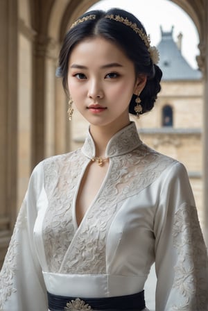 vogue photography cover, look away from camera, perfect v-shaped face, hyperrealistic:1.33, a young spirit, a 15-years-old astonishingly gorgeous girl walking in Paris, Musée du Louvre, dressed in white tranlucent hanfu, intricated black embroidery in exquisite pattern, (ethereal glamorous beautiful face):1.2, long hair, perfect model body, slender body, smiles captatively, (bright eyes):1.5, (profound facial features):1.32,Chinese girl, concept art style, her tight clothing highlight her (plump bust):2.4