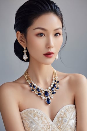 A photography of jewelry advertising photography, in which a japanese girl adorned with a necklace. She is wearing an elegant [train|gown] accentuating her perfect model body and busty breasts. The appearance is based on a 17-years-old ethereal breathtakingly beautiful japanese idol, with an ethereal beautiful face having v-shaped jawline, bright eyes, almond-shaped eyes, porcelain skin tone and translucent skin texture, black long hair cascading down to her chest. Youthful face elevates her beauty to the beyond words level. With the center of the necklace is an egg-size sapphire set off with diamond, the necklace is made of gol designed in rococo style, and it is a gift from an extremely wealthy royal family. hyperrealistic, award-winning photography, medium shot, raw photo, fujifilm velvia, vogue cover.,chinese girls