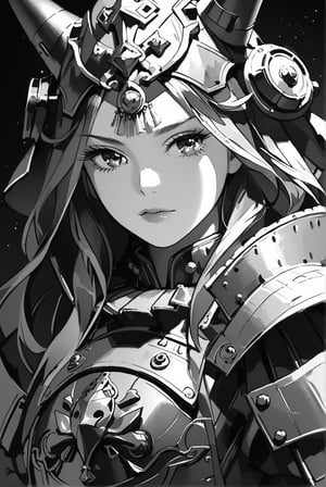 an 17-years-old ethereal and breathtakingly glamorous girl, a remarkably beautiful face, samurai machine armor, cowboy shot, depth of view, bokeh, monochrome, greyscale, Rembrandt lighting, high contrast, perfect details, intricate details, art_booster, masterpiece, best quality, official part, professional portrait, charcoal \(medium\)
