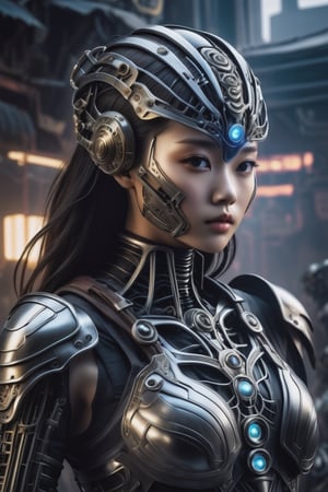 epic alien battle field theme, medium shot with high view angle, ultra-wide-angle-lens, award-winning photography, hyperrealistic, a 15-years-old breathtakingly beautiful korean girl, ethereal glamorous face, external skeleton mechanical armor, exquisite armor, champion of the galaxy, (face mask):1.4, in a xeno battle field, nuclear fusion reactor in the chest, aging treatment on the image, cyborg style, cinematic lighting, black smoke