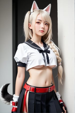 1girl, femine, yuudachi, red eyes, thick eyebrow, white hair, long hair, two side up, braid, hair ornament, dog ears, dog tail, white shirt, puffy short sleeves, black serafuku, crop top, underboob, midriff, fingerless gloves, wrists cuffs, two-tone gloves, black skirt, side slit, red belt, waist tattoo, loose socks, white socks, score_9, score_8_up, score_7_up, source_photo, source_anime, photography, realistic, hyperrealistic, ultrarealistic, ulzzang, absurdres