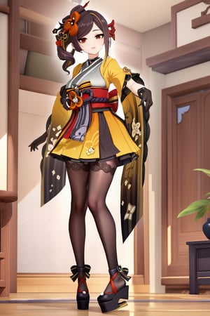 masterpiece, best quality, cg, high definition 8k, perfect features, intricate details, 1girl, chiori \(genshin impact\), elbow gloves, hair ornament, short kimono, print pantyhose, platform footwear, sash, wide sleeves, ribbon choker, perfect model body