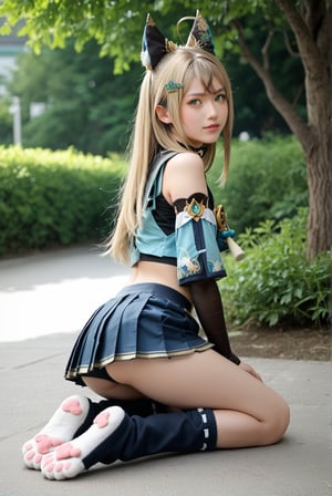 1girl, an anime-like japanese girl, kiraradef, blonde hair, green eyes, long hair, ahoge, animal ears, hair ornament, hairclip, two tails, multiple tails, cat tail, fang, detached sleeves, bare shoulders, crop top, tassel, black choker, blue miniskirt, pleated skirt, midriff, bike shorts, bike shorts under skirt, leg warmers, feminine, score_9, score_8_up, score_7_up, source_photo, source_anime, ((photography, realistic, ultrarealistic, hyperrealistic)), ulzzang,  absurdres, depth of view, bokeh, professional studio photography, kneeling, viewed from behind, ass focus