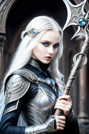A award-winning photography depicting a young princess holding a DonM5cy7h3XL scythe, she wears a (respirator mask):1.25, demon wing, a 17-years-old ethereal breathtakingly glamorous russian girl, ethereal beautiful face, white long hair,  she wears a fusion of gothic aesthetics and medieval matte armor and is adorned with magic amulet and intricate header decorated with gem. high definition, concept art style, noir aesthetic design, blue eyes