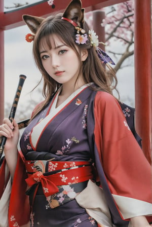 (((ultra realistic, award-winning photo, realistic photo, fuji velvia))), 1girl, AmagiAL, viewed from below, brown hair, purple eyes, thick eye brows , animal ears, large breasts, kimono_Amagi, kimono, sash ,obi, red coat, brown hair, purple eyes, thick eye brows, animal ears, large breasts, kimono_Amagi, kimono, sakuramon, sash ,obi, red coat, perfect model body, high resolution, masterpiece, best quality, inspired by vogue magazine cover, torii, mesmerizing beautiful sky, traditional japanese aesthetic, perfect hand, perfect fingers