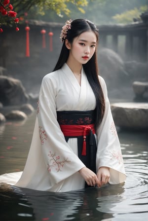 foggy wonderland theme, look away from camera, hyperrealistic:1.33, a 15-years-old astonishingly gorgeous concubine swimming ((in a hot spring):1.4), dressed in white ((soaking wet hanfu):1.3), intricated black embroidery, ethereal glamorous beautiful face, long hair, perfect model body, slender body, smiles captatively, (bright eyes):1.5, (profound facial features):1.32, translucent appearance, Chinese girl, concept art style, (surrounded by rose petals):1.4
