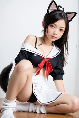 1girl, shigure, brown eyes, black hair, very long hair, ponytail, dog ears, dog tail, hair ornament, white serafuku, black shirt, crop top, single off shoulder, red neckerchief, wristband, midriff, white skirt, pleated skirt, loose socks, white socks, femine, score_9, score_8_up, score_7_up, source_photo, source_anime, photography, realistic, hyperrealistic, ultrarealistic, ulzzang, absurdres, sitting on the floor, viewed from below, bending knee