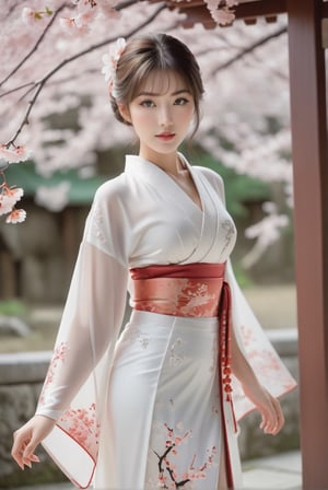 An snapshot depicting an elegant miko in a shrine with cherry blossom. a 17-years-old ethereal breathtakingly glamorous japanese girl, wearing exquisite white kimono with (high-low skirt), accentuating the beautiful long legs, shoulder cut, waist cut, complicated rune-like red filigree. The youthfulness, pearlescent blush, translucent skin texture accentuating the breathtakingly beautiful. With bright and expressive eyes, her expression emanating innocence. Perfect model body with large breast, beautiful long legs, tall and slim figure. (viewed from side):1.24, side shot, award-winning photo, best quality, high definition 8k, depth of view, hyperrealistic, raw photo,  focus on face, photo_b00ster, Eimi, a lovely girlfriend