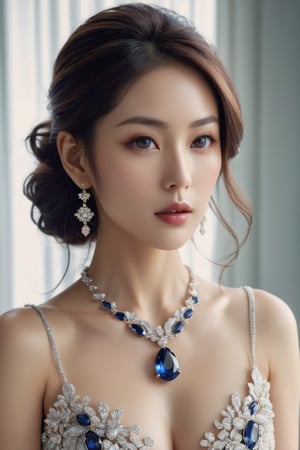 A photography of jewelry advertising photography, in which a japanese girl adorned with a necklace. She is wearing an elegant [train|gown] accentuating her perfect model body and busty breasts. The appearance is based on a 17-years-old ethereal breathtakingly beautiful japanese idol, with an ethereal beautiful face having v-shaped jawline, bright eyes, almond-shaped eyes, porcelain skin tone and translucent skin texture, black long hair cascading down to her chest. Youthful face elevates her beauty to the beyond words level. With the center of the necklace is an egg-size sapphire set off with diamond, the necklace is made of gol designed in rococo style, and it is a gift from an extremely wealthy royal family. hyperrealistic, award-winning photography, medium shot, raw photo, fujifilm velvia, vogue cover.