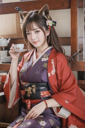 (((ultra realistic, award-winning photo, realistic photo, fuji velvia))), 1girl, AmagiAL, viewed from above, looking up at viewer, brown hair, purple eyes, thick eye brows , animal ears, large breasts, kimono_Amagi, kimono, sash ,obi, red coat, sakuramon, perfect model body, drinking tea, a cup of tea, high resolution, masterpiece, best quality, advertisement photography, smiles captatively, traditional japanese aesthetic, (perfect hand, perfect fingers: 1.15)