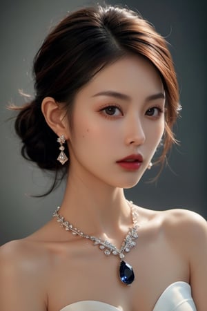 A photography of jewelry advertising photography, in which a japanese girl adorned with a necklace. She is wearing an elegant [train|gown] accentuating her perfect model body and busty breasts. The appearance is based on a 17-years-old ethereal breathtakingly beautiful japanese idol, with an ethereal beautiful face having v-shaped jawline, bright eyes, almond-shaped eyes, porcelain skin tone and translucent skin texture, black long hair cascading down to her chest. Youthful face elevates her beauty to the beyond words level. With the center of the necklace is an egg-size sapphire set off with diamond, the necklace is made of gol designed in rococo style, and it is a gift from an extremely wealthy royal family. hyperrealistic, award-winning photography, medium shot, raw photo, fujifilm velvia, vogue cover. ,xxmix_girl