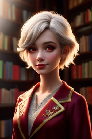 masterpiece, high definition, (photorealistic:1.2), raw photo, the most ethereal beautiful vampire princess in the diablo world, 1girl, youth face, white short hair, smiling on viewer, glowing red eyes, velvet dufflecoat attire, translucent appearance, hyperrealistic, a magical library in the world of the deceased, dramatic lighting