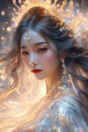 Masterpiece, upper body portrait, high definition 8k, extremely high resolution, a 17-years-old ethereal beautiful girl, ethereal glamorous beautiful face, DonMDr4g0nXL, LegendDarkFantasy, majestic yukime, Rococo oil painting, sumptuous attire, Rembrandt Lighting, balayage black long hair, concept art