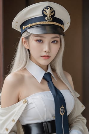 epsd, military hat/(eagle union (emblem)), necktie, white sleeveless shirt, off shoulder, military coat, belt, pleated skirt, (white long hair:1.2), perfect busty model body. cowboy shot. An ethereal and breathtakingly glamorous 21-year-old Japanese idol. Ethereal and breathtakingly beautiful face, featured with porcelain skin tone, translucent skin texture, v-shaped jawline, profound facial features, and almond-shaped eyes. photo_b00ster, ((ultra realistic, award-winning photo, raw photo, fuji velvia):1.2), depth of field, beauty & aesthetics, 8k uhd, score_9, score_8_up, score_7_up