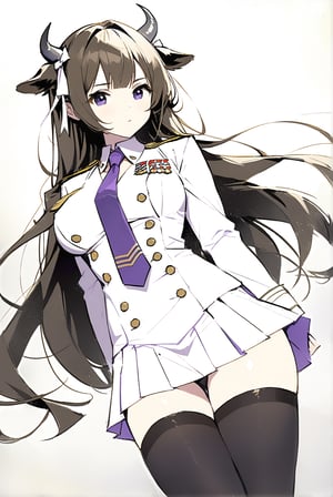 score_9_up, score_8_up, score_7_up, score_6_up, KAL, short purple pleated skirt, white military uniform, double-breasted, aiguillette, hair ribbon, 1girl, buttons, purple eyes, cropped white jacket, black thighhighs, cow horns, long sleeves, purple necktie, zettai ryouiki, cow girl, large breasts, brown long hair, animal ears, half body shot, masterpiece, best quality, official art, high resolution, charcoal \(medium\), pencil sketch art style