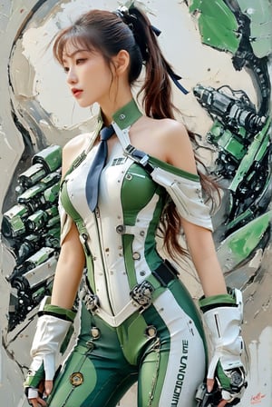 an ethereal and breathtakingly glamorous korean girl, high ponytail, long hair, green-white two tones mechanical combat suit, necktie, off-shoulder, sleeveless, beautiful long legs, cowboy shot, perfect busty model body, masterpiece, best quality, official art, Impasto art style, art_booster