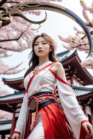 A young girl standing in the middle of a solemn shrine, a 15-years-old ethereal breathtakingly glamorous japanese idol holding a M5cy7h3XL scythe, view from below, low view angle, cherry blossom, photo_b00ster, Don, ethereal beautiful face, detailed face, perfect face, perfect model body, single blade, award-winning photography, high-definition, exquisite red-white two-tone miko attire, addorned with necklace and bracelet