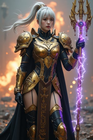 A professional cinematic photography of a breathtakingly beautiful japanese girl cosplaying Adeptus Custodes from Warhammer 40k. The golden power armor is magnificently ornate and intricate and carefully crafted. The lower part of the power armor is a golden high slit skirt and a pelvic curtain with sacred inscription, revealing her beautiful thigh adorned with black stockings. The armor reflects a metallic texture. She holds a golden spear, covered with a layer of energy which is barely visible purple, with the tip emitting blue electricity and lightening.  She has an ulzzang appearance with light skin tone and lustry skin texture, accentuating her youthful face. Her hair is white with a hairstyle composed of high ponytail and bangs. She is standing in battlefield full of explosion, Enhanced all, FuturEvoLabArmor