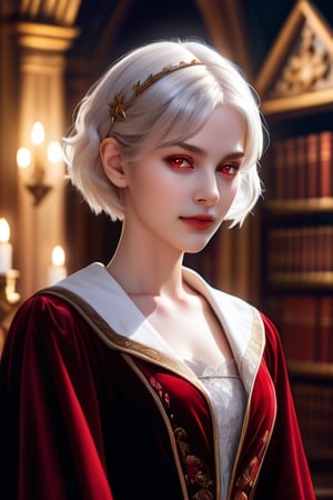 masterpiece, high definition, (photorealistic:1.2), raw photo, the most ethereal beautiful vampire princess in the diablo world, 1girl, youth face, white short hair, smiling on viewer, glowing red eyes, velvet dufflecoat attire, translucent appearance, hyperrealistic, a magical library in the world of the deceased, dramatic lighting