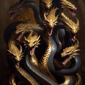 masterpiece, hydra, dragon, golden filigree, dramatic lighting, oil painting, armageddon theme